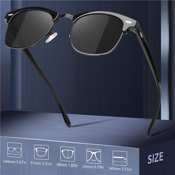 Classic Polarized Sunglasses for Men and Women Retro Style Semi Rimless Frame